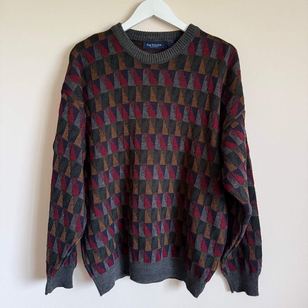 Vintage Van Heusen Men’s Gray Geometric Pullover 90s y2k Grandpa Sweater L
